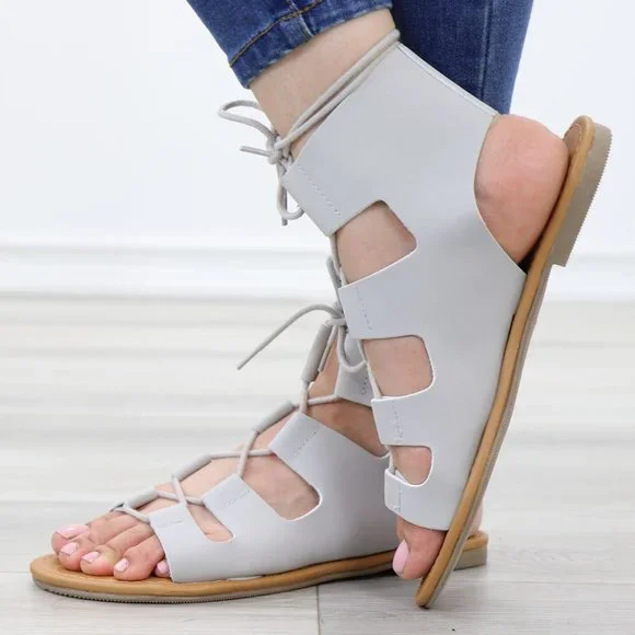 Gray Gladiator Laced-Up Bootie Style Flat Sandals - Picture 10 of 14